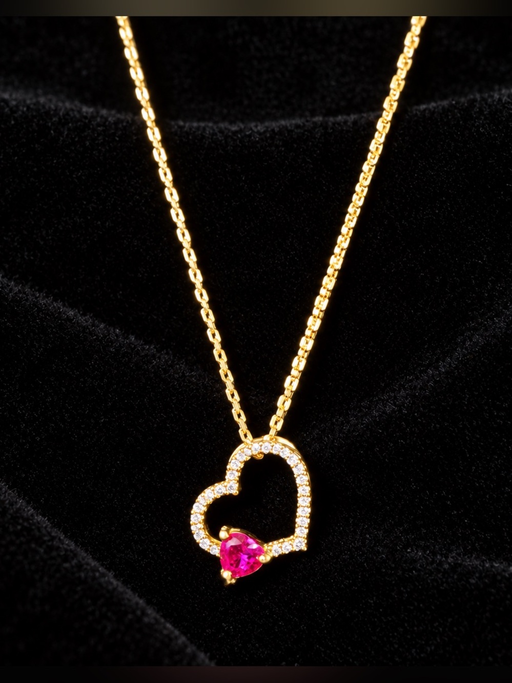 Sterling Silver Gold Plated Heart Pendant Necklace with Red Stone